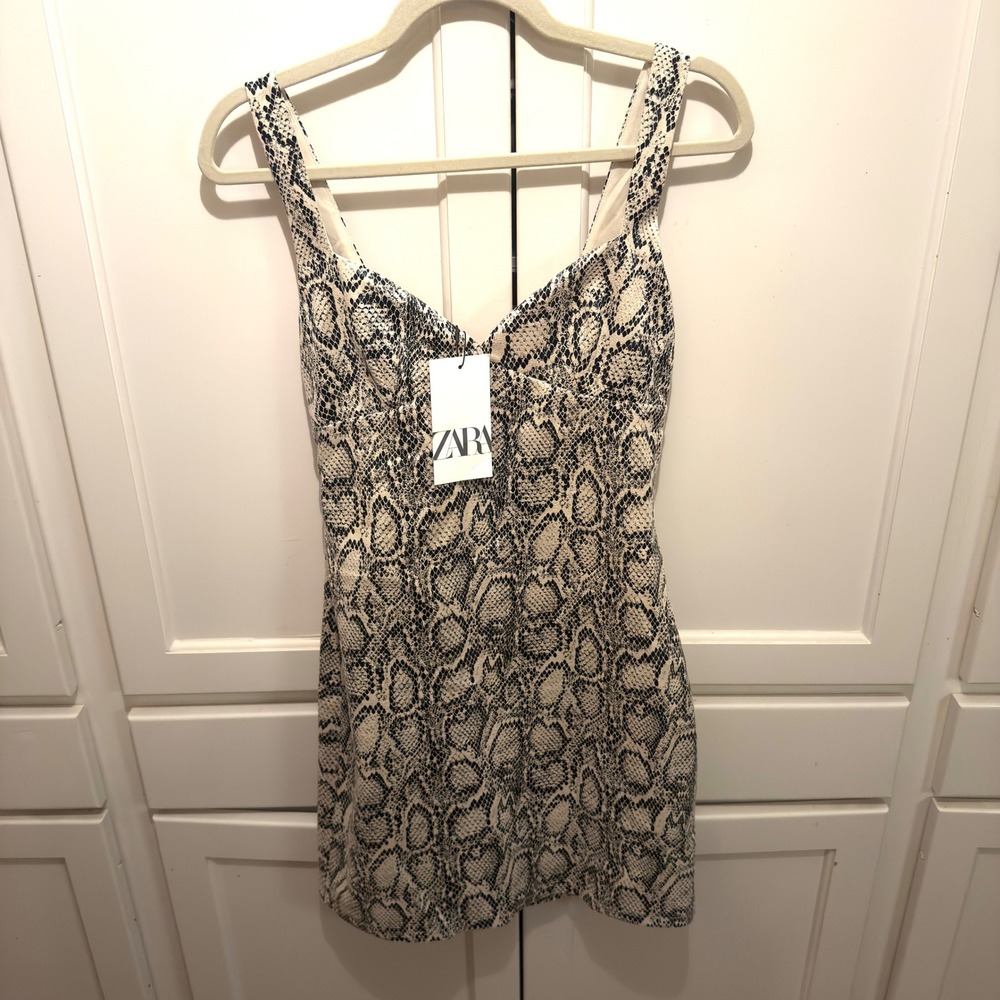 ZARA Snakeskin Print Mini Dress‎ Strappy Sweetheart Neckline Black White XS